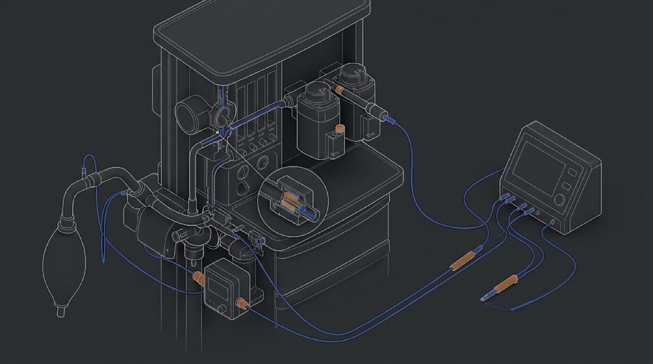 Verification with analysers: flows, ventilator, oxygen protection, vaporiser and gas module
