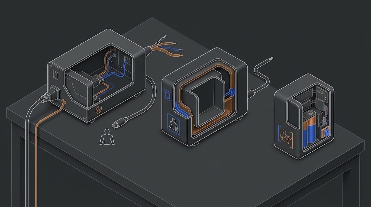 Protection classes (I, II, internally powered) and applied part types (B, BF, CF)