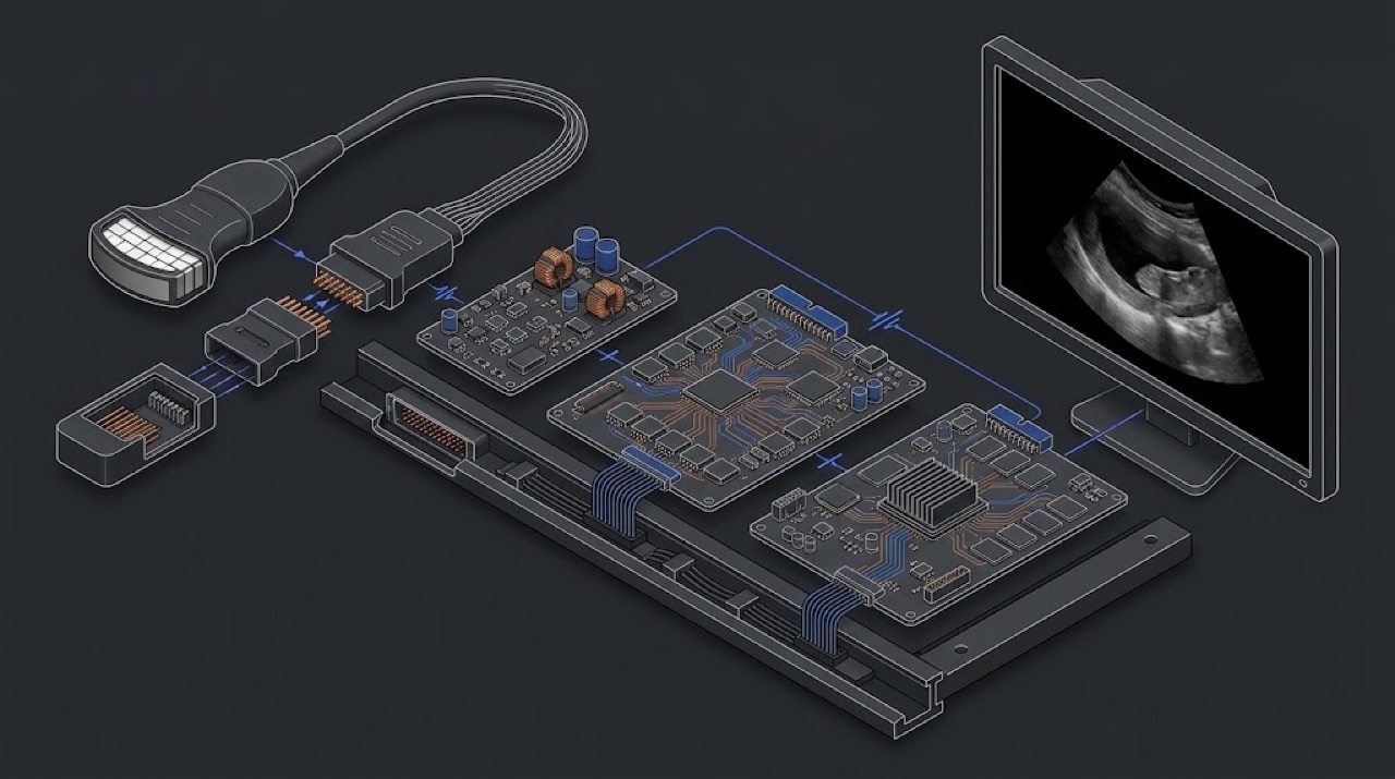 Ultrasound signal chain: probe, port, boards, monitor
